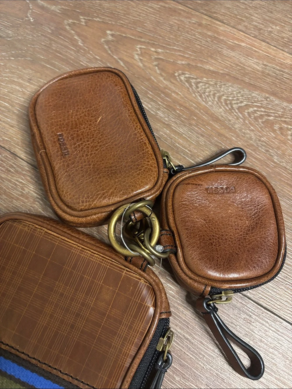 Fossil Brown Leather triple pouch set Organizer with Striped Accent